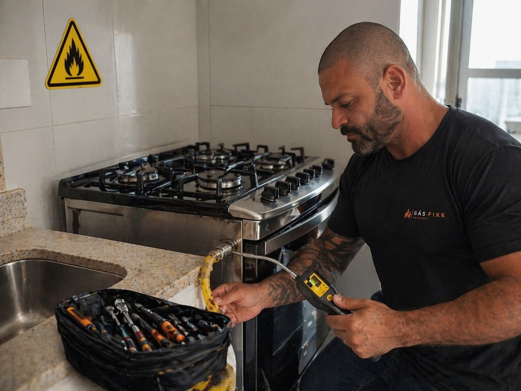 Técnico André testando vazamento em fogão com detector digital